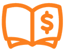An orange open book with a dollar sign